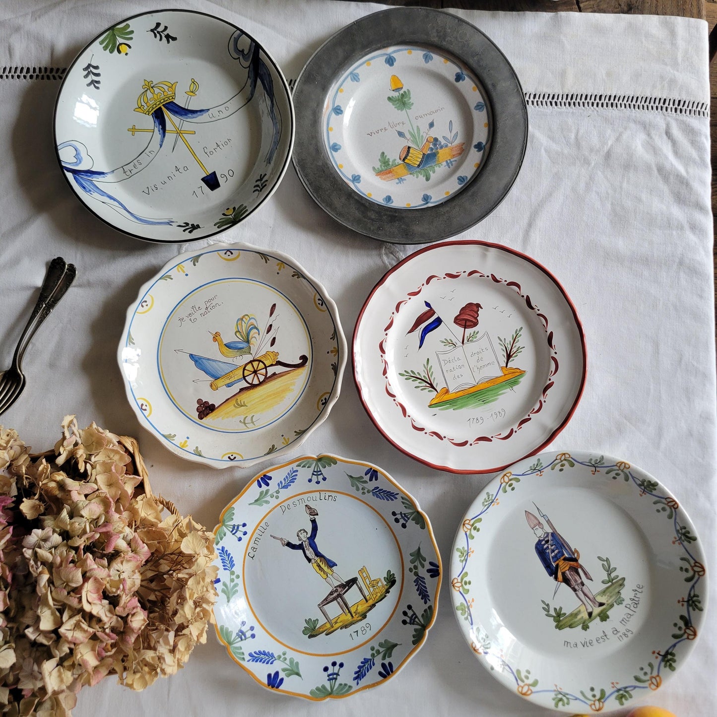Mismatched SET of 6 French Revolution plates, hand-painted tin glazed faience, 20th C pieces based on historic designs c1789, France