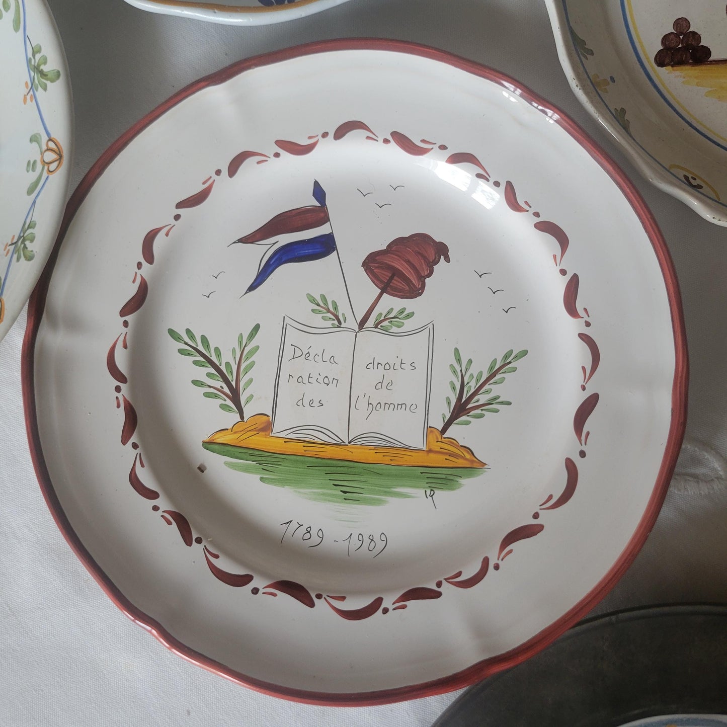 Mismatched SET of 6 French Revolution plates, hand-painted tin glazed faience, 20th C pieces based on historic designs c1789, France