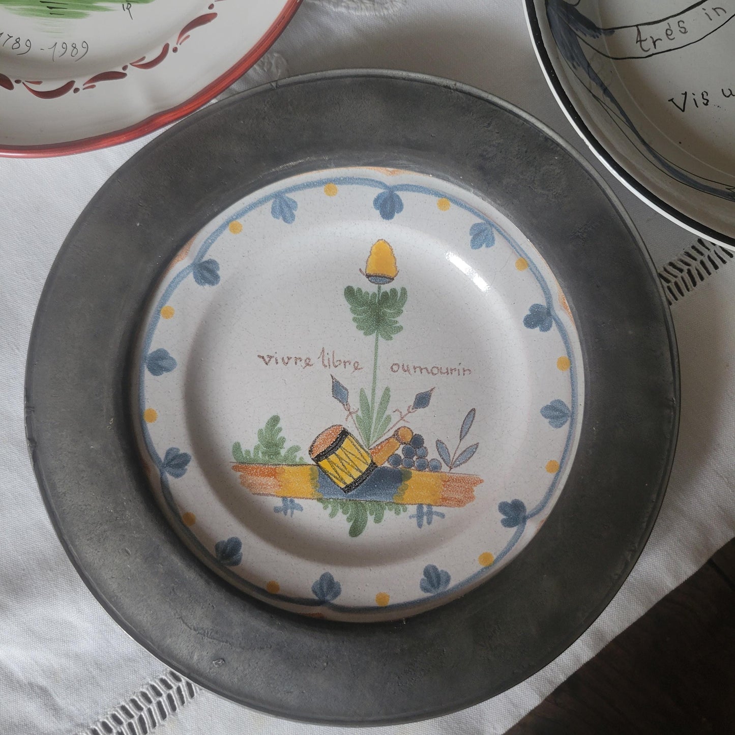 Mismatched SET of 6 French Revolution plates, hand-painted tin glazed faience, 20th C pieces based on historic designs c1789, France