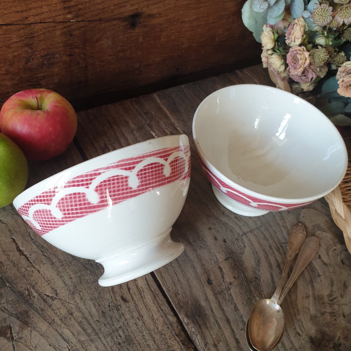 PAIR French vintage cafe au lait large coffee bowls, red and white stencil painted gingham / trellis & loop border design, France c1950