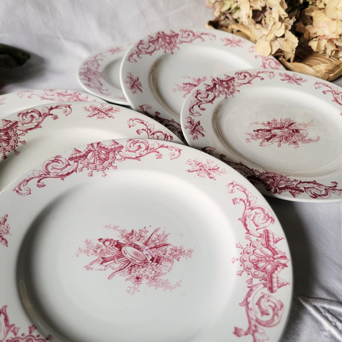 SET 6 antique French faience music theme dessert / side plates red and white transferware, garlands and torches K&G Luneville France c1880