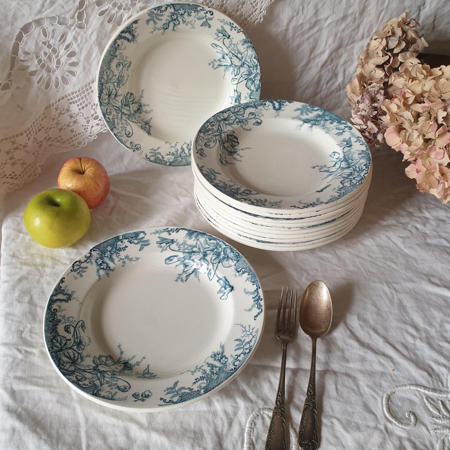 SET 12 French antique floral soup plates, blue & white transferware, farmhouse decor, 'Cyclames' c1890, LG Leon Graves Clairefontaine France