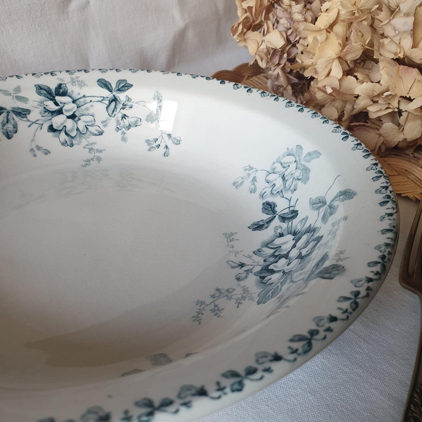 French antique salad bowl in teal blue transferware, acacia blossom design from St Amand, France c1896-1924 vintage saladier deep round dish