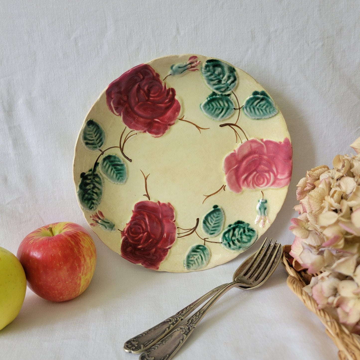 French antique barbotine majolica plate, red rose design, polychrome on cream ground, handpainted A.Lebacqz M Bouchart France c1900-1910