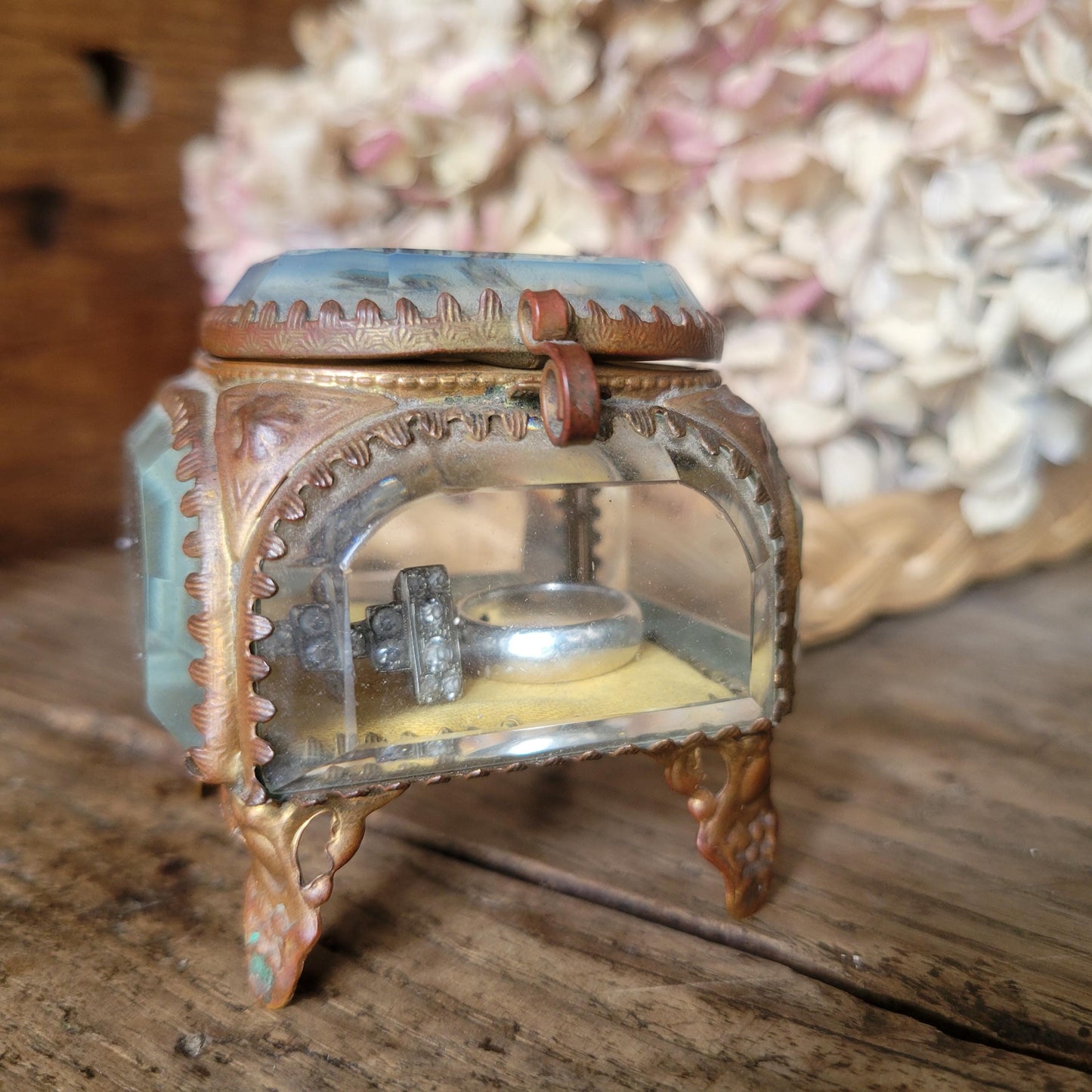 Ormolu bevelled glass French antique jewellery box, church scene, crystal / gold effect vintage jewlery box, yellow fabric interior, 1800s