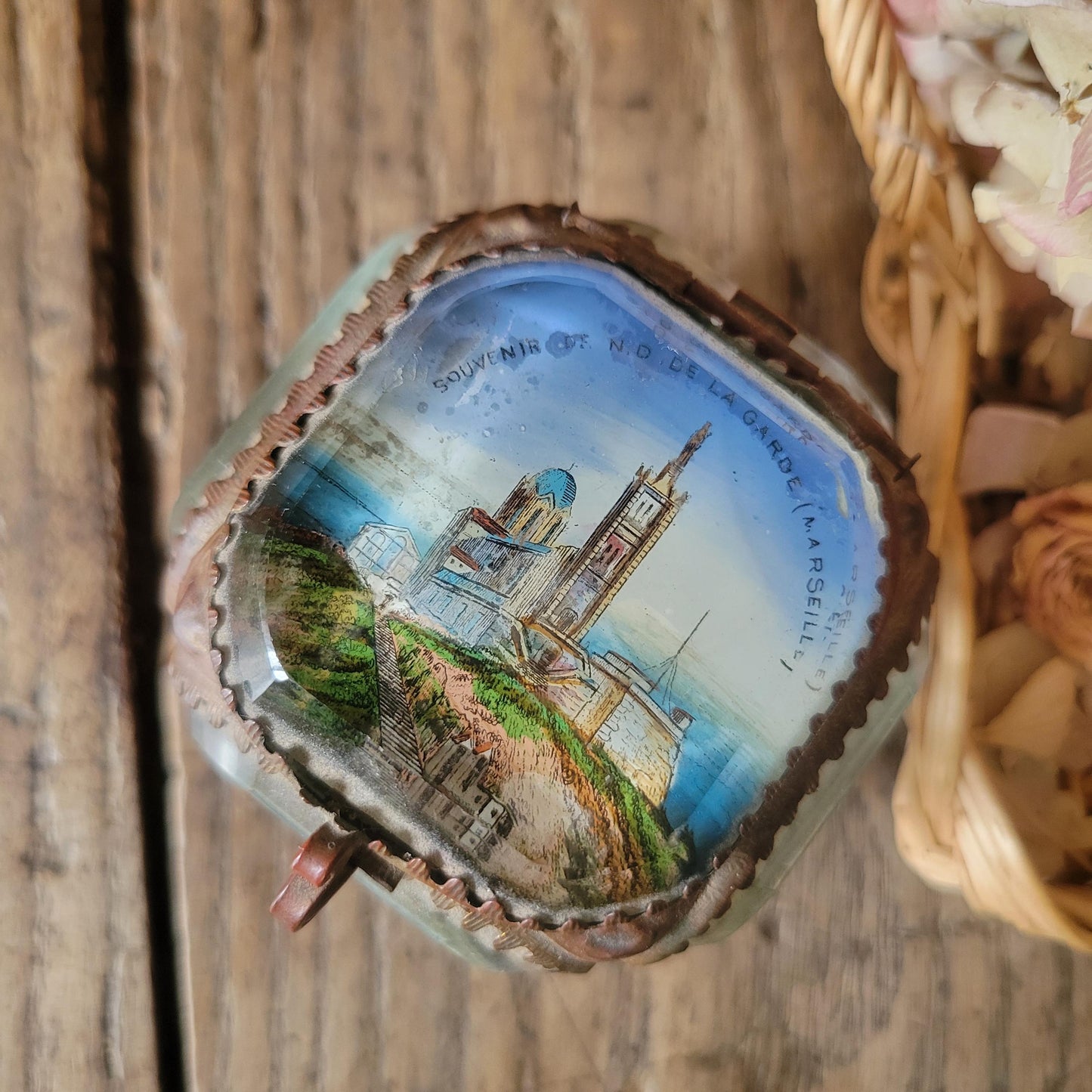 Ormolu bevelled glass French antique jewellery box, church scene, crystal / gold effect vintage jewlery box, yellow fabric interior, 1800s