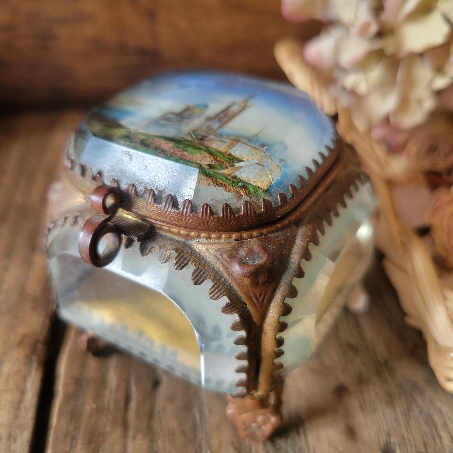 Ormolu bevelled glass French antique jewellery box, church scene, crystal / gold effect vintage jewlery box, yellow fabric interior, 1800s