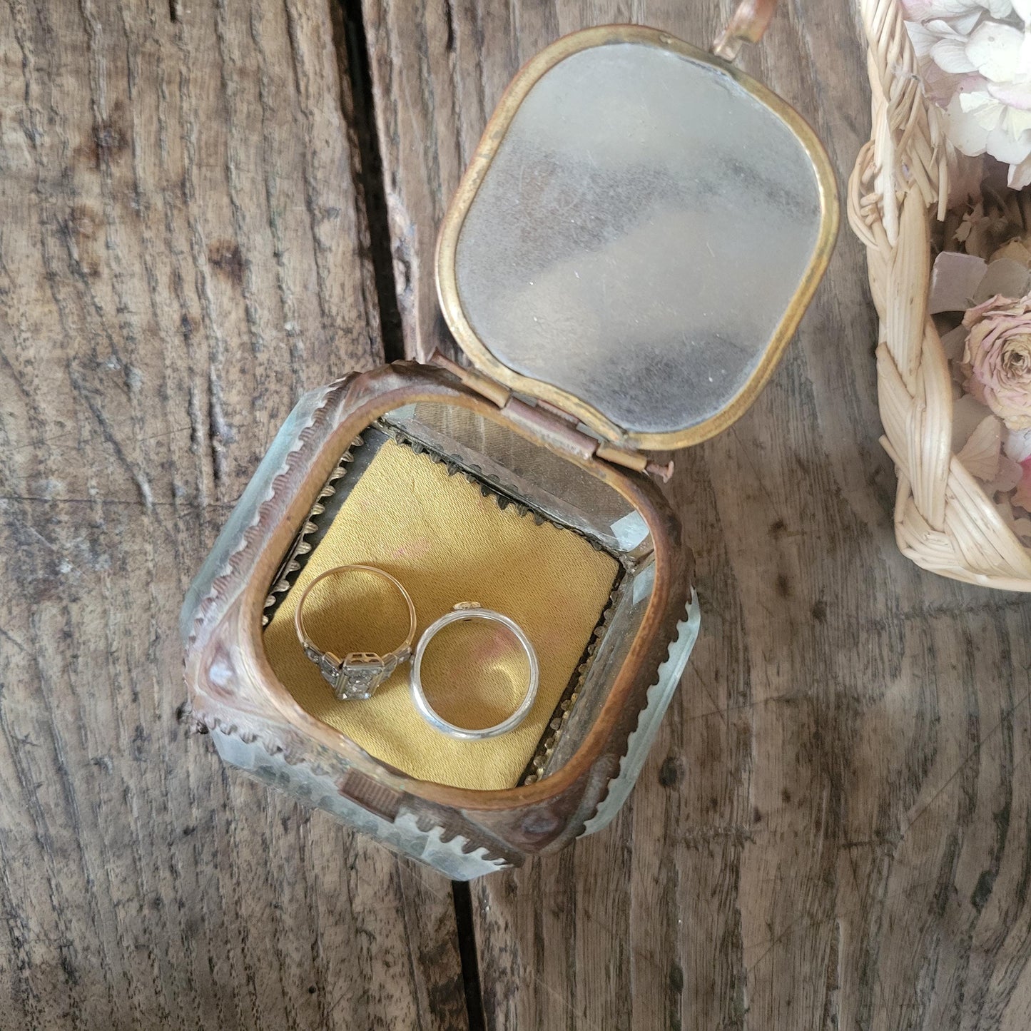 Ormolu bevelled glass French antique jewellery box, church scene, crystal / gold effect vintage jewlery box, yellow fabric interior, 1800s