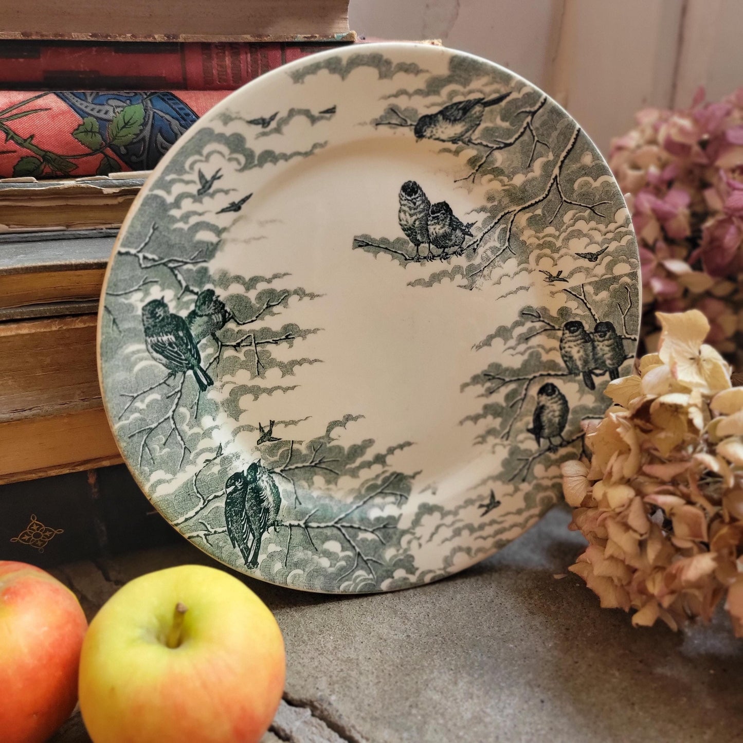 French antique plate 'Neige' by Sarreguemines, grey / green transferware w birds in snow c1895-1910 aesthetic movement, arts and crafts