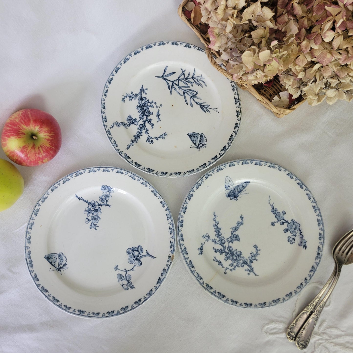SET 3 French lightly shabby floral antique side plates petrol blue transferware, 3 patterns butterflies, insects c1890 Sarreguemines, France