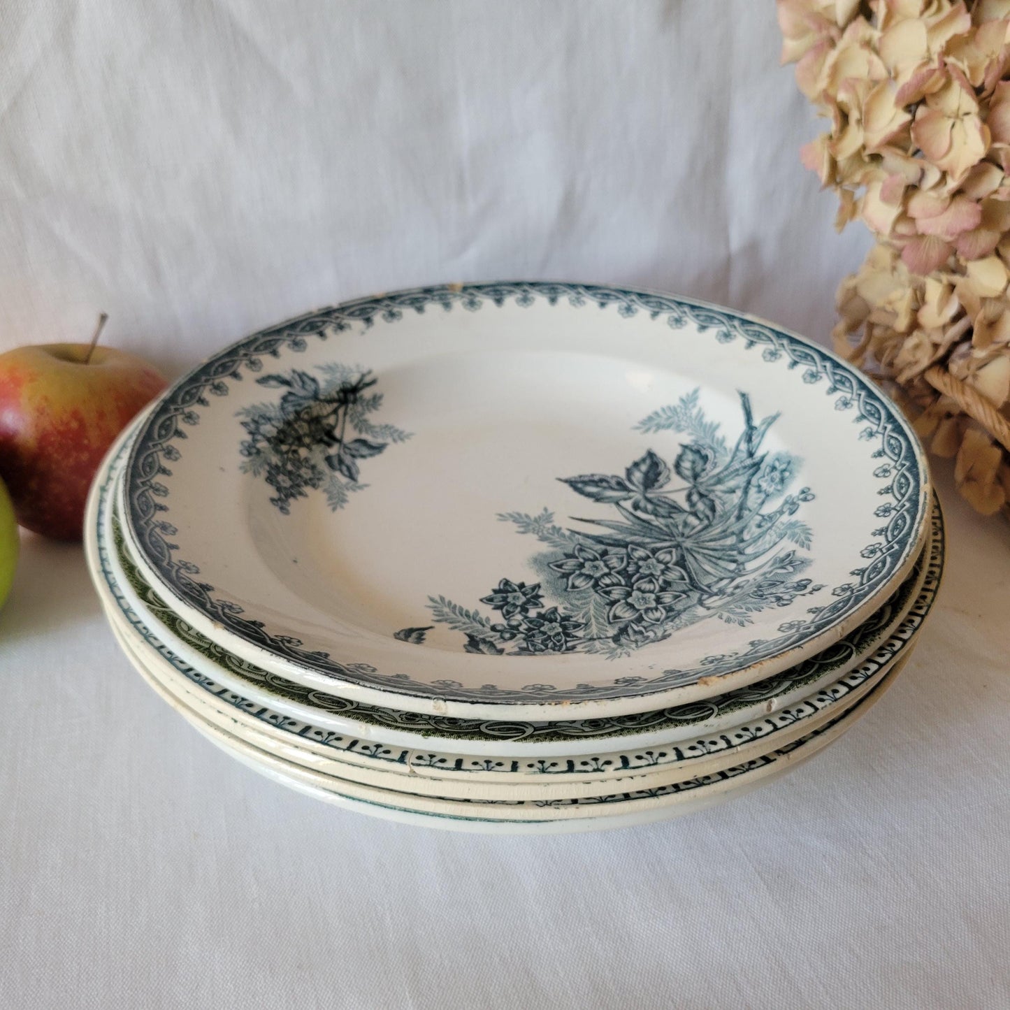 SET of 6 shabby mismatched French antique ironstone wall plates, blue/green transferware cottage style, Sarreguemines, St Amand c1890 - 1920