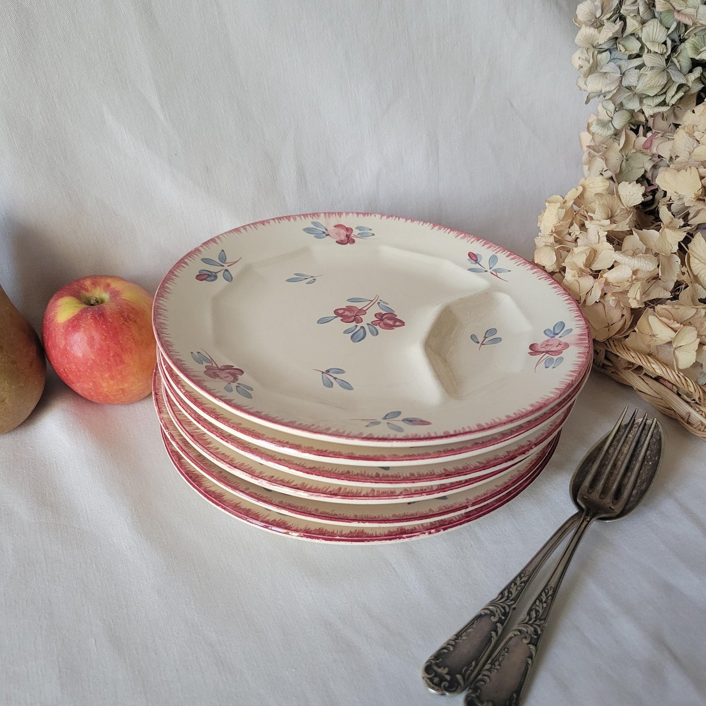 SET of 6 French vintage divided plates asparagus plates, cream with hand painted flowers, Danube pattern Sarreguemines, france