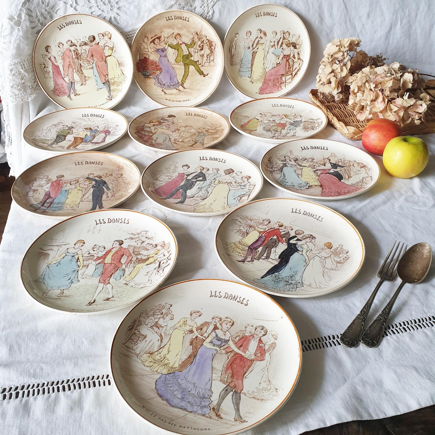 SET 12 Dance theme display / cabinet plates, 1800s French antique, 'Les Danses' c1890, Creil Montereau, France, old-time / ballroom dancing