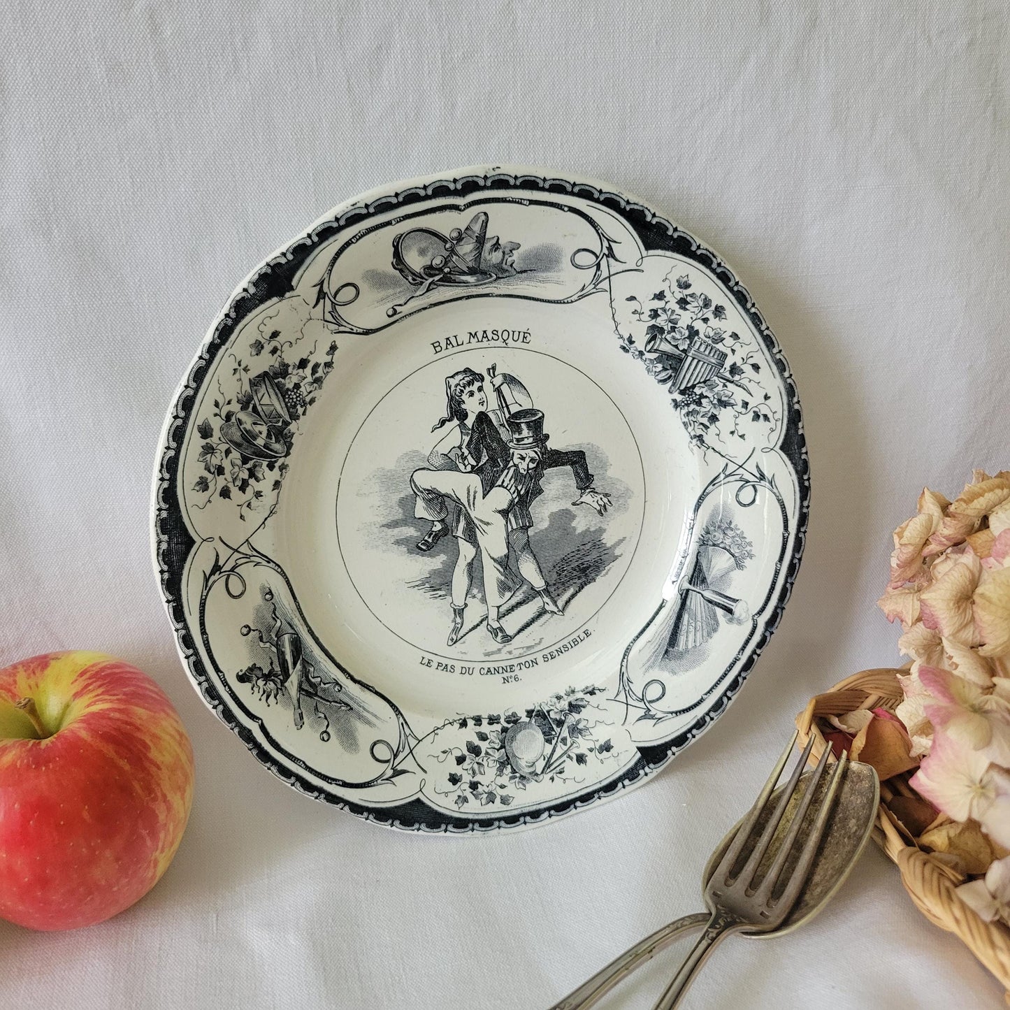 Black & white party theme antique French 'talking plate' c1890, Masked ball 'bal-masque' ironstone transferware, Creil et Montereau, France