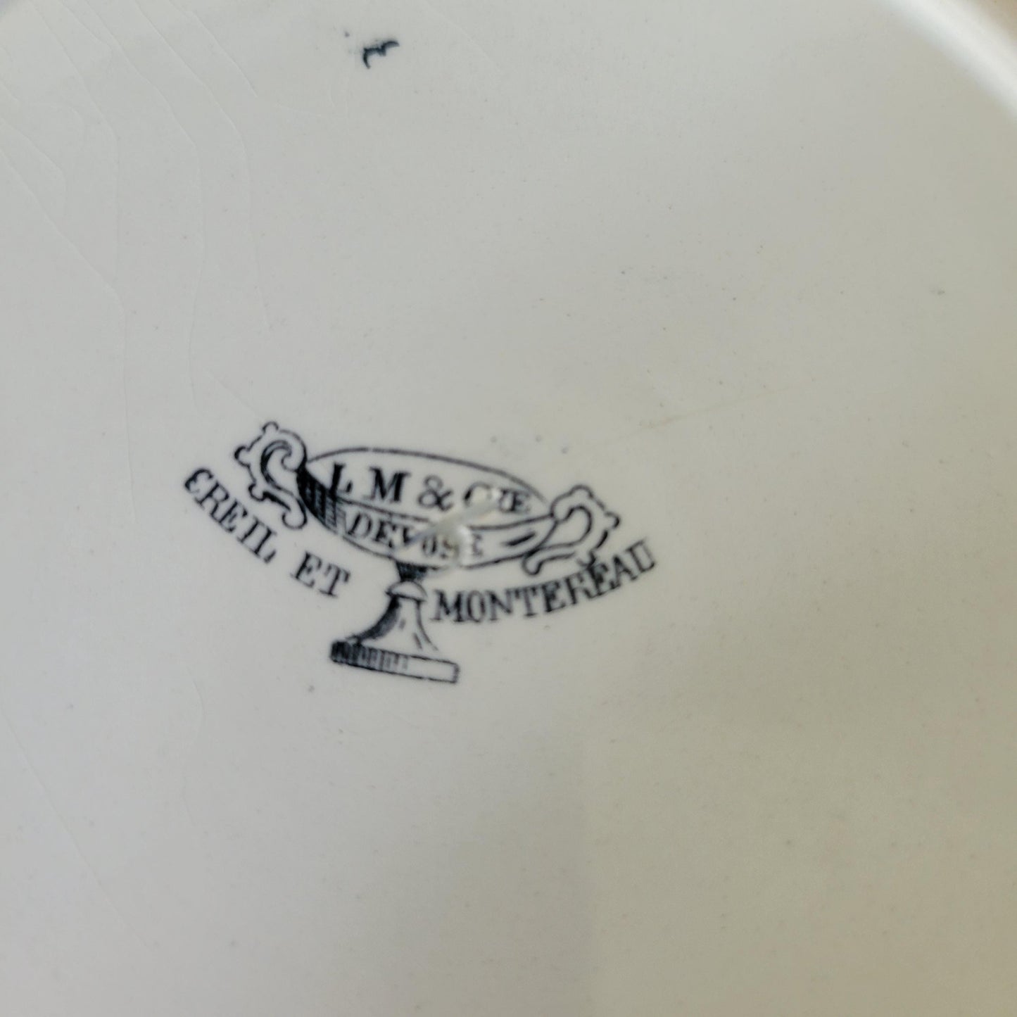 Black & white party theme antique French 'talking plate' c1890, Masked ball 'bal-masque' ironstone transferware, Creil et Montereau, France