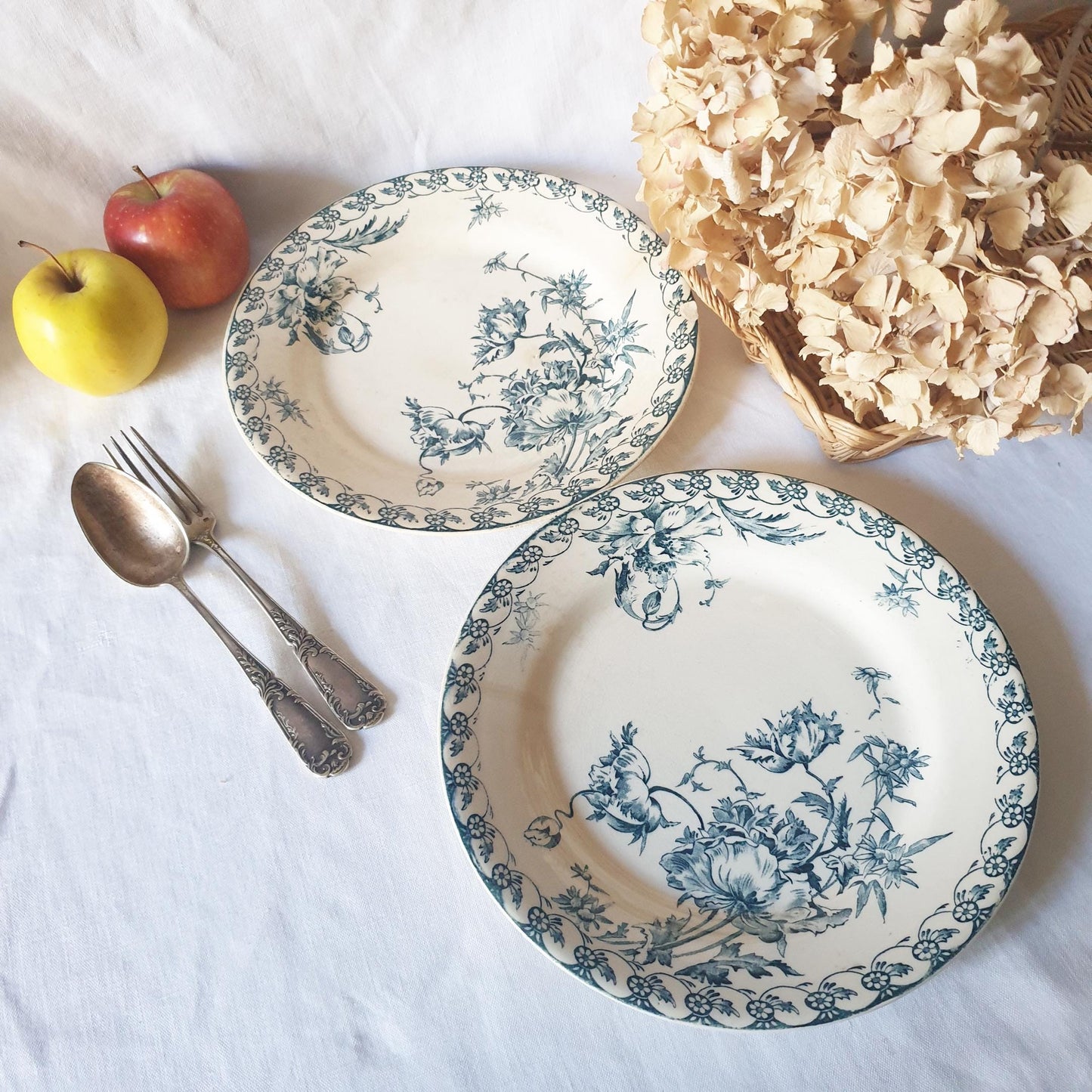 SET 2 French antique dinner plates, aged patina, floral in blue transferware, earthenware, Gien France c1880-1900, Aesthetic Movement