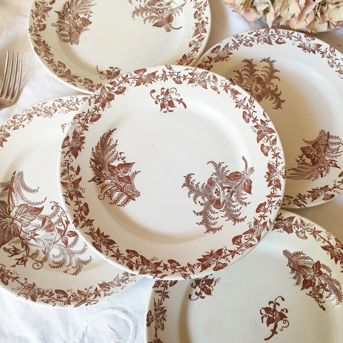 Set 6 French antique breakfast plates brown transferware c1880 aesthetic, Arts and Crafts, floral designs, 'Liseron' pattern Pexonne France