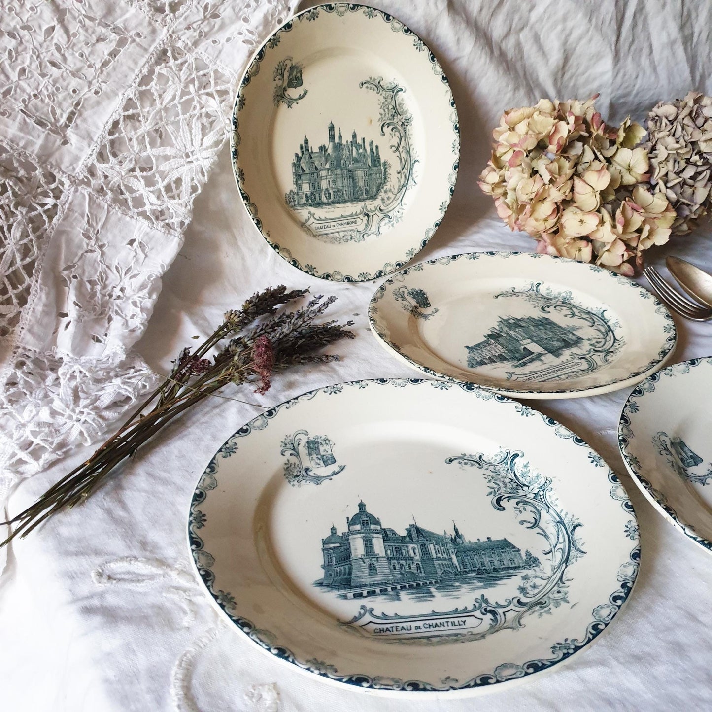Antique chateaux plates SET 4 19th C French architecture dessert plates, teal blue transferware Leon Graves c1880, LG Clairefontaine France
