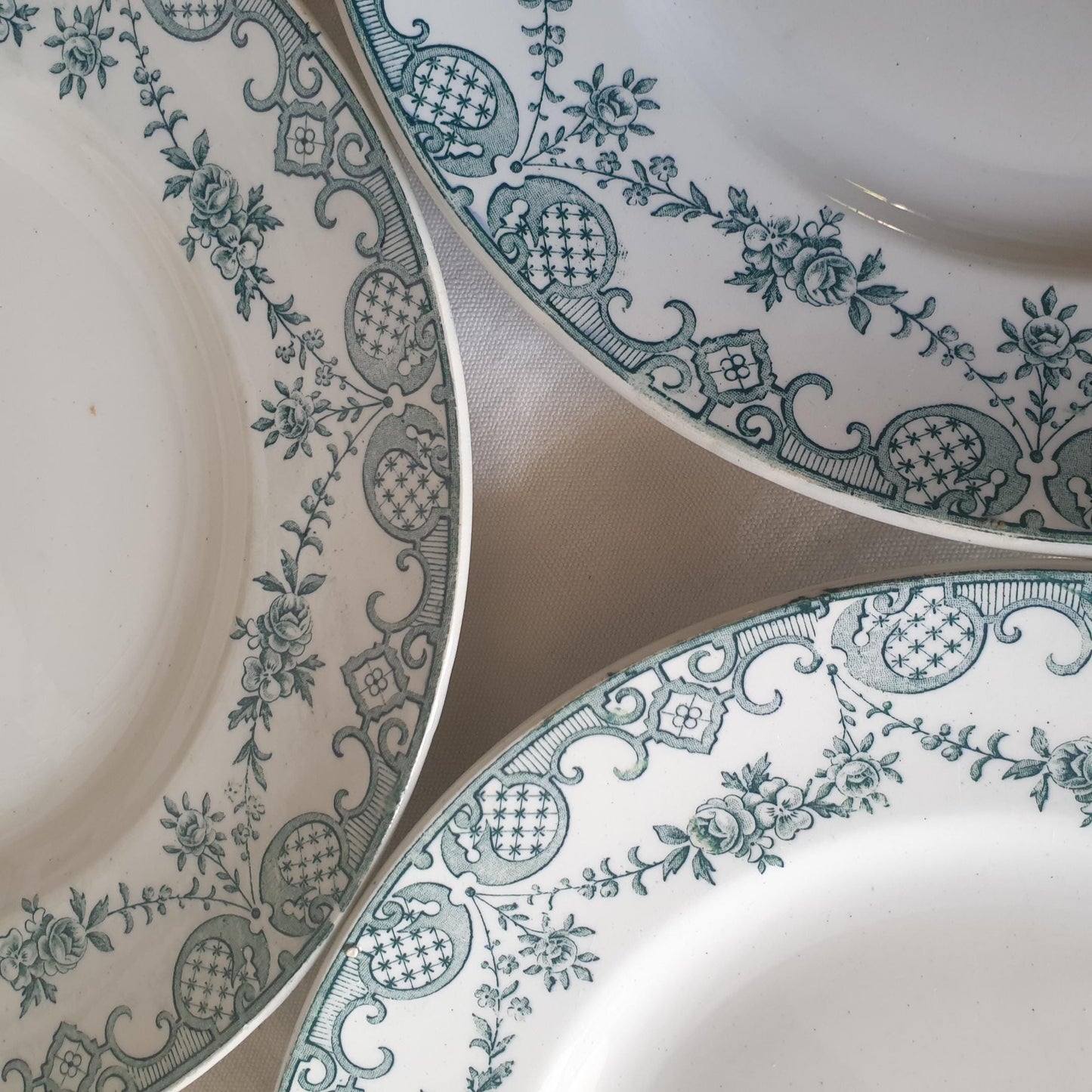 Set of 4 dinner plates, French antique, green transferware w floral border excellent condition 'Versailles' from St Amand, France c1908-1920