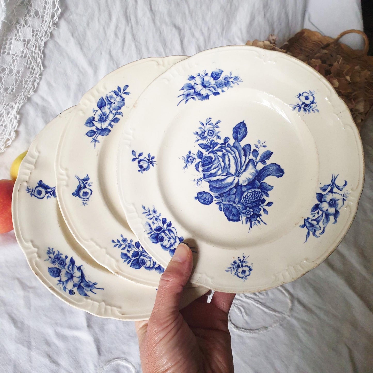 SET of 3 Antique Flow Blue Shabby Floral Plates - Ideal Display or Wall!