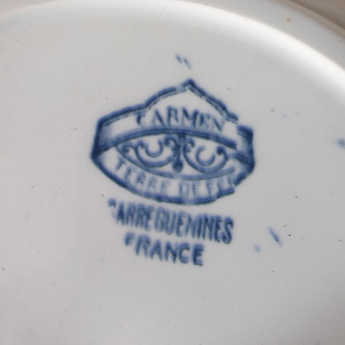 French antique soup plates petrol blue transferware butterflies, dragonflies flowers 'Carmen' c1890 Aesthetic Movement Sarreguemines France