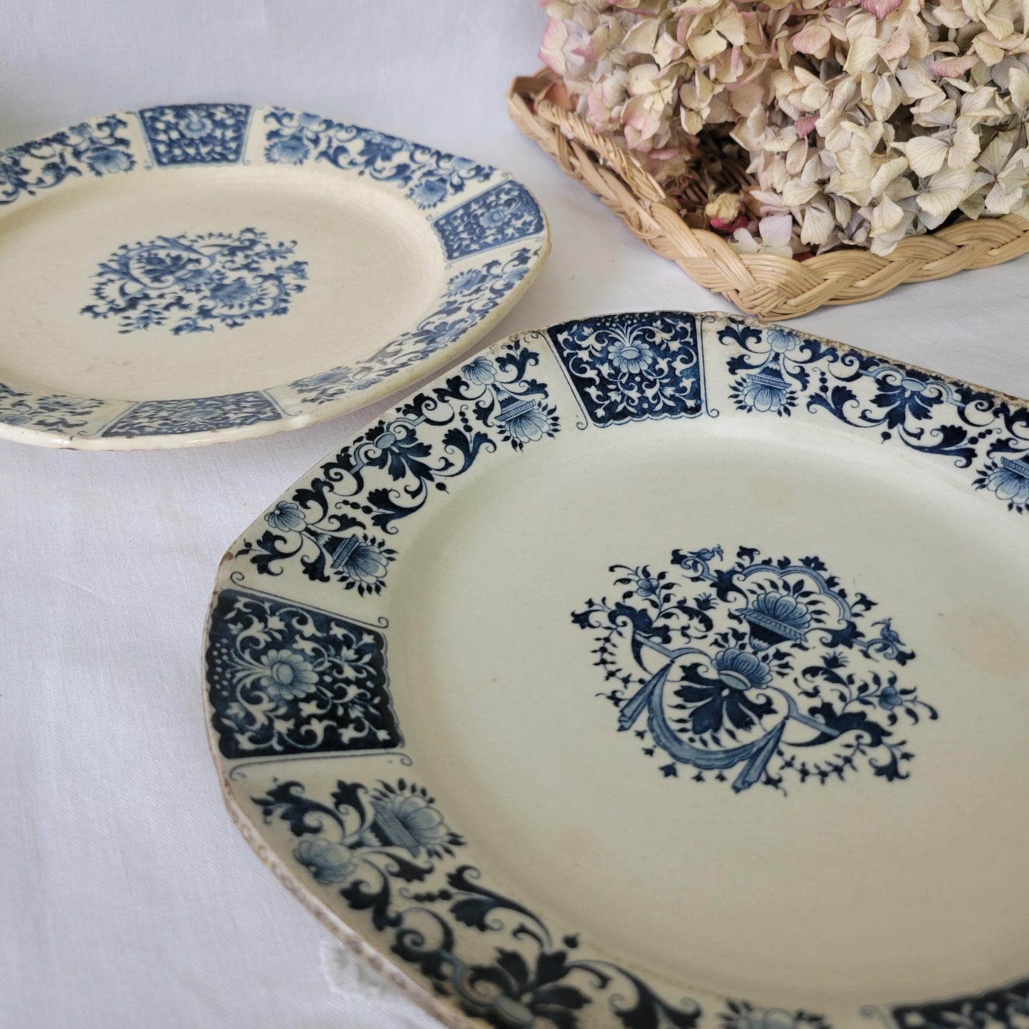 PAIR French antique square dinner ironstone dinner plates navy blue and white transferware, aged wall plates w patina by Gien France c1890