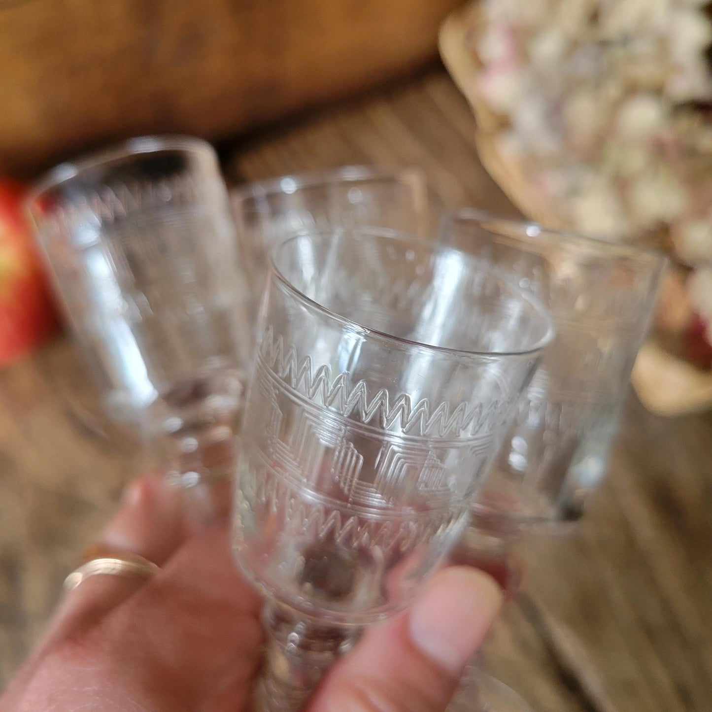 SET of 4 small French etched liqueur / digestif stemmed glasses c1800s, blown clear glass needle engraved with geometric 'Greek key' design