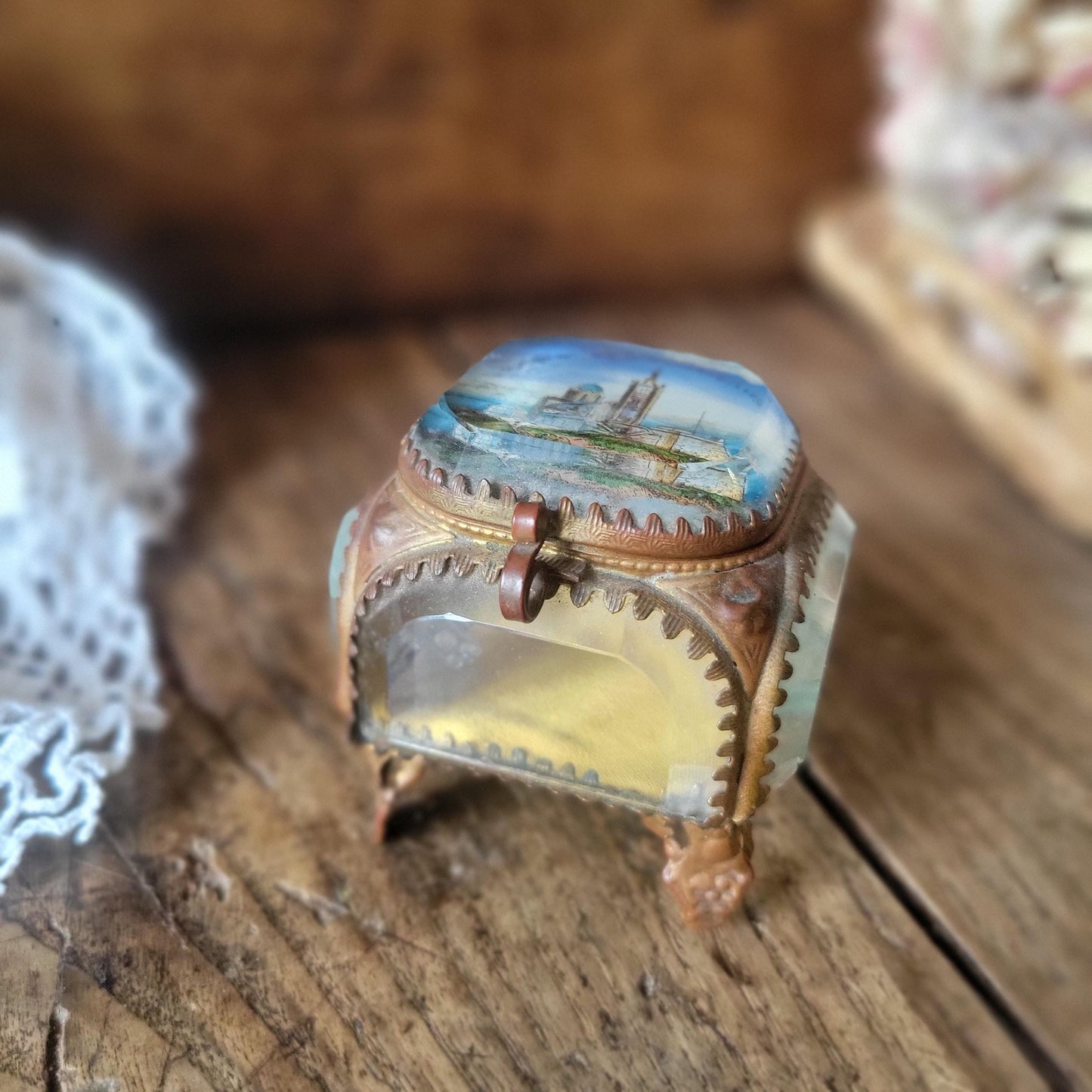 Ormolu bevelled glass French antique jewellery box, church scene, crystal / gold effect vintage jewlery box, yellow fabric interior, 1800s