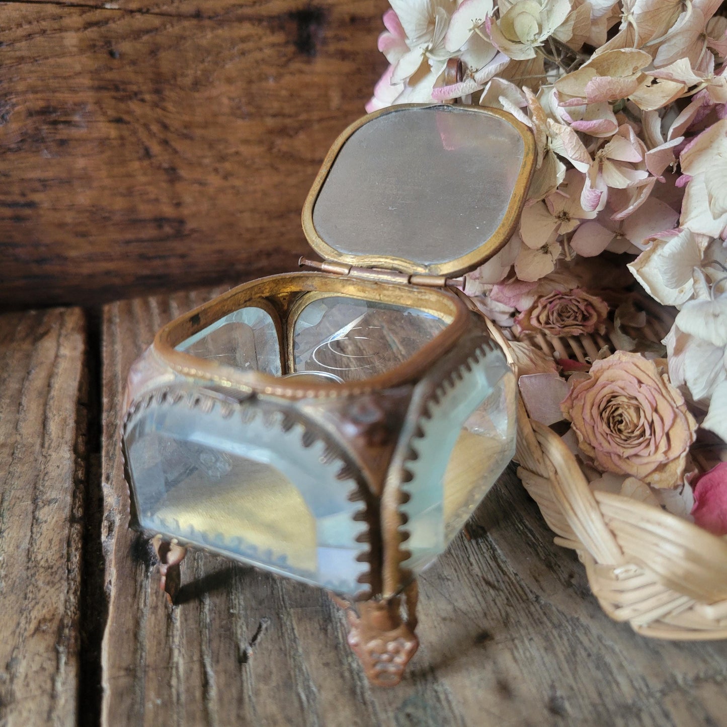 Ormolu bevelled glass French antique jewellery box, church scene, crystal / gold effect vintage jewlery box, yellow fabric interior, 1800s