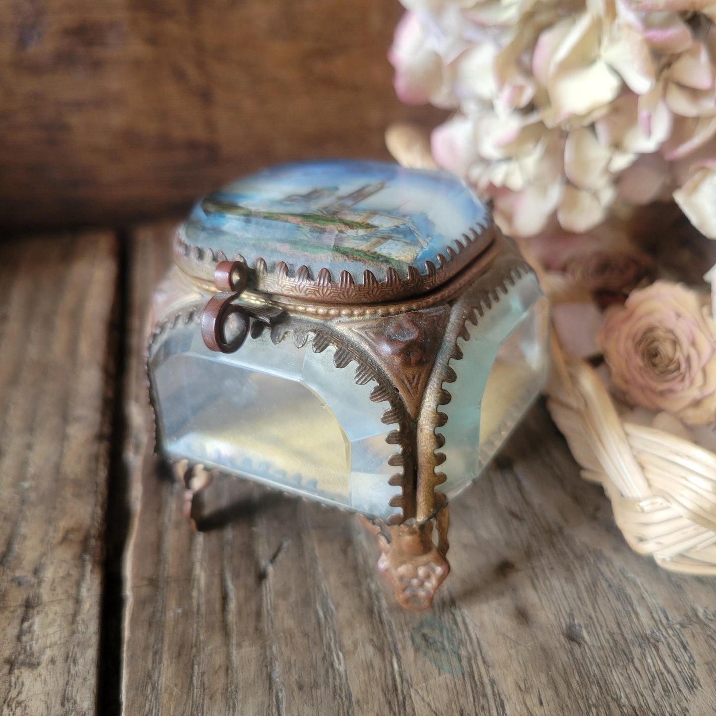 Ormolu bevelled glass French antique jewellery box, church scene, crystal / gold effect vintage jewlery box, yellow fabric interior, 1800s