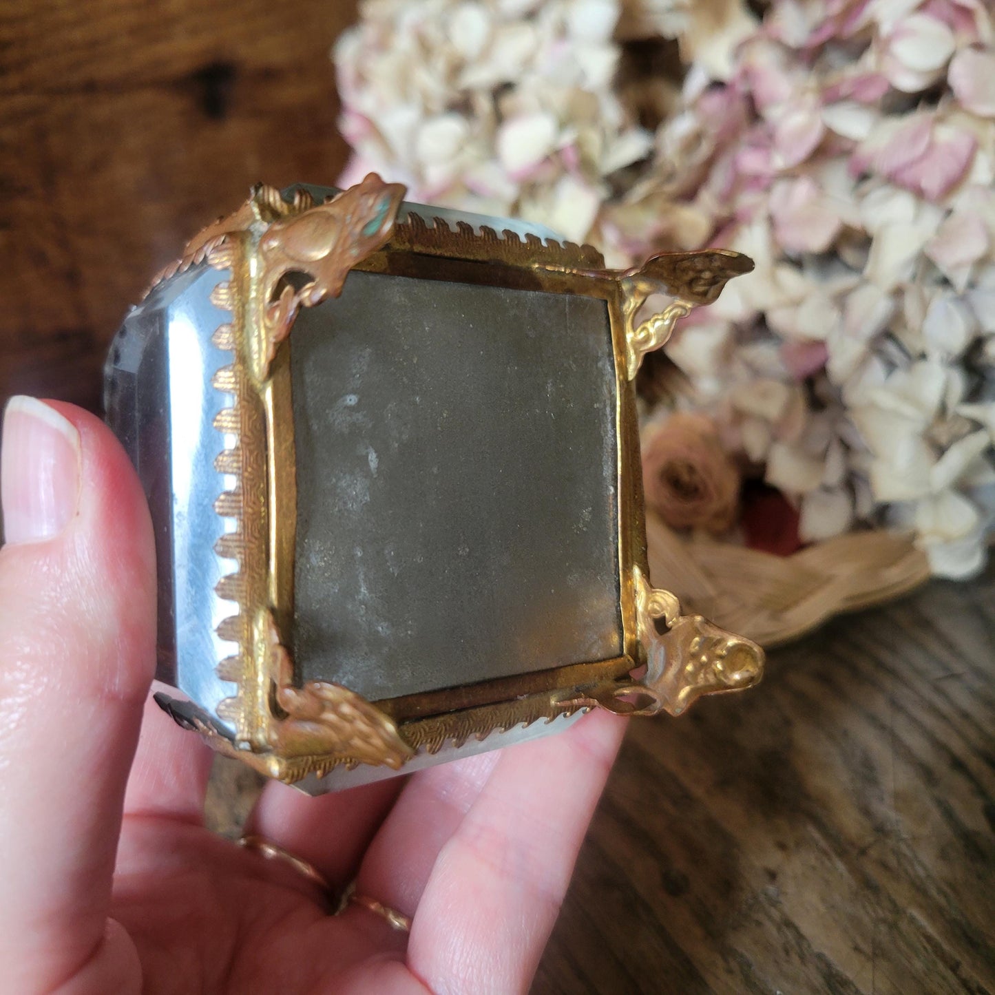 Ormolu bevelled glass French antique jewellery box, church scene, crystal / gold effect vintage jewlery box, yellow fabric interior, 1800s