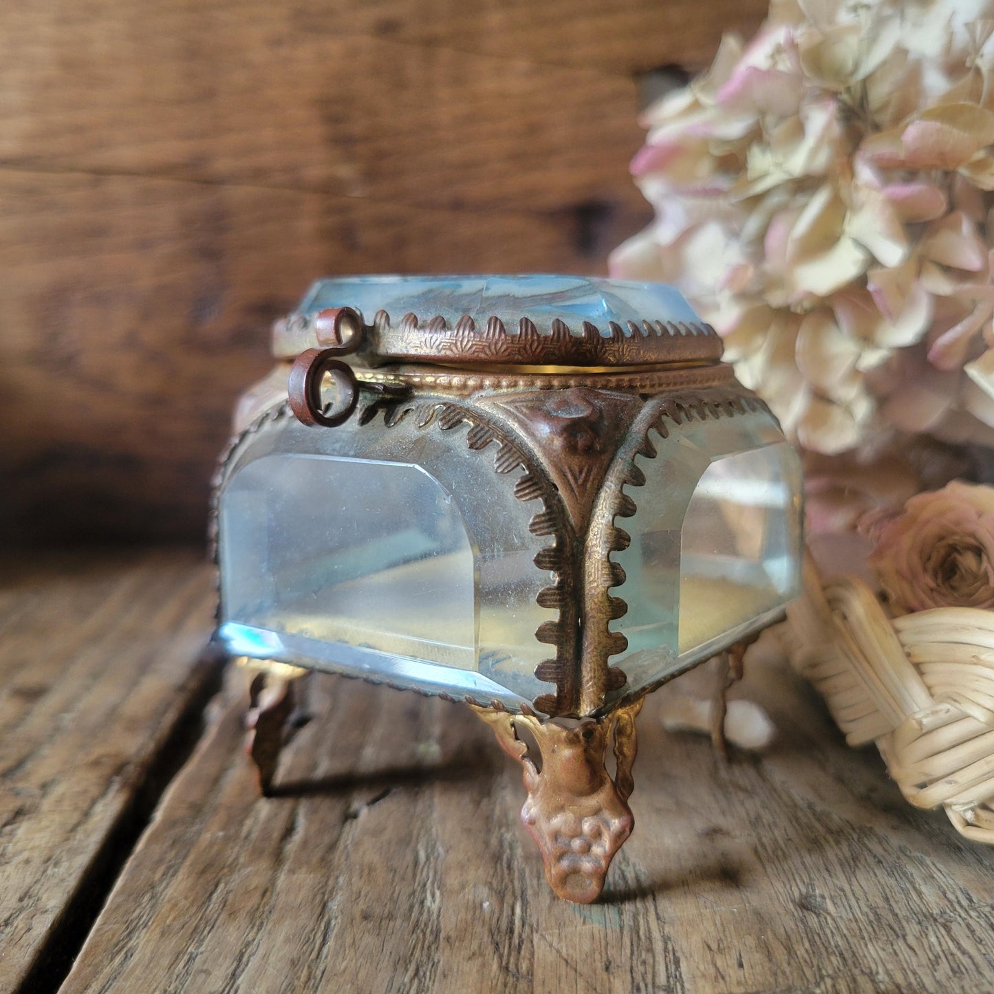 Ormolu bevelled glass French antique jewellery box, church scene, crystal / gold effect vintage jewlery box, yellow fabric interior, 1800s