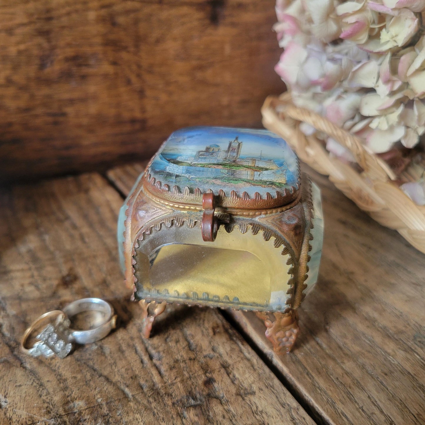 Ormolu bevelled glass French antique jewellery box, church scene, crystal / gold effect vintage jewlery box, yellow fabric interior, 1800s