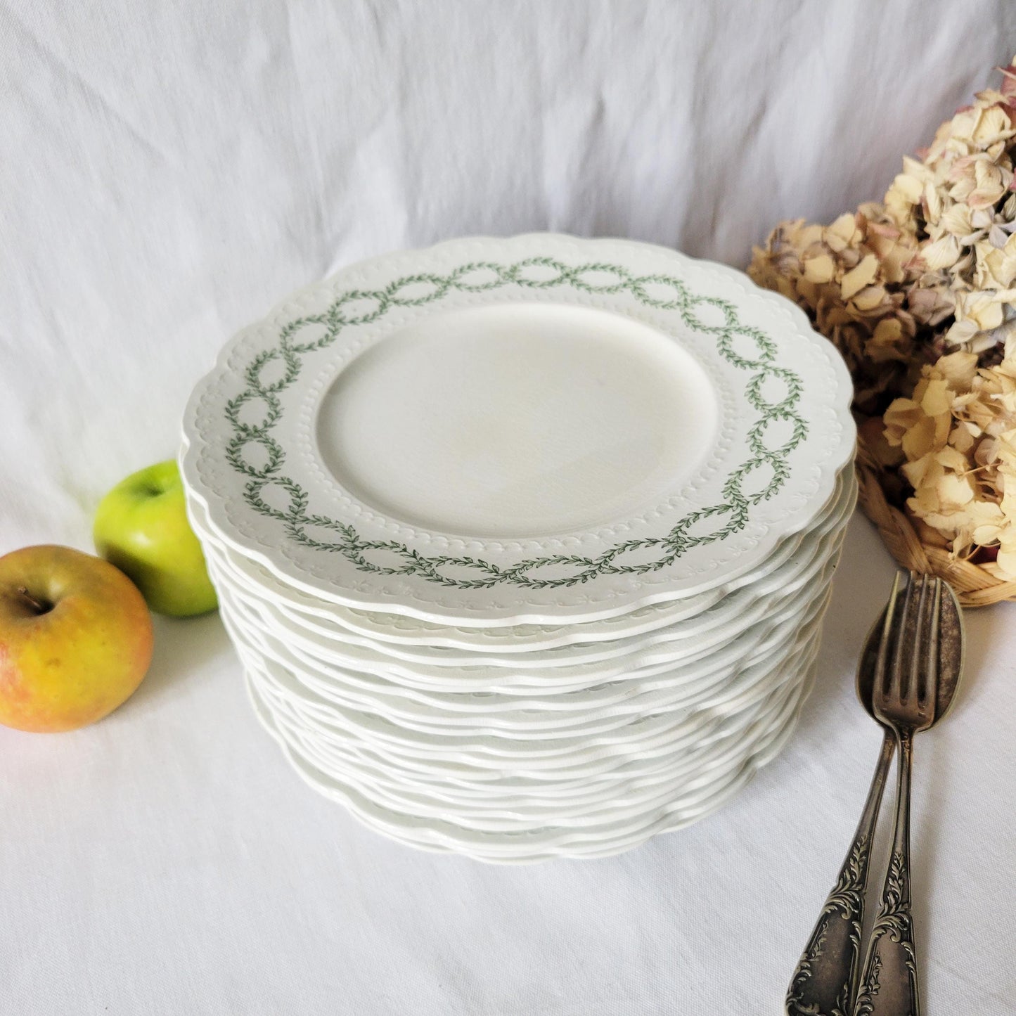 Set 3 English Staffordshire ironstone entree / breakfast plates, ribbons and garlands green transferware Laurier pattern Ridgway, c1880-1910