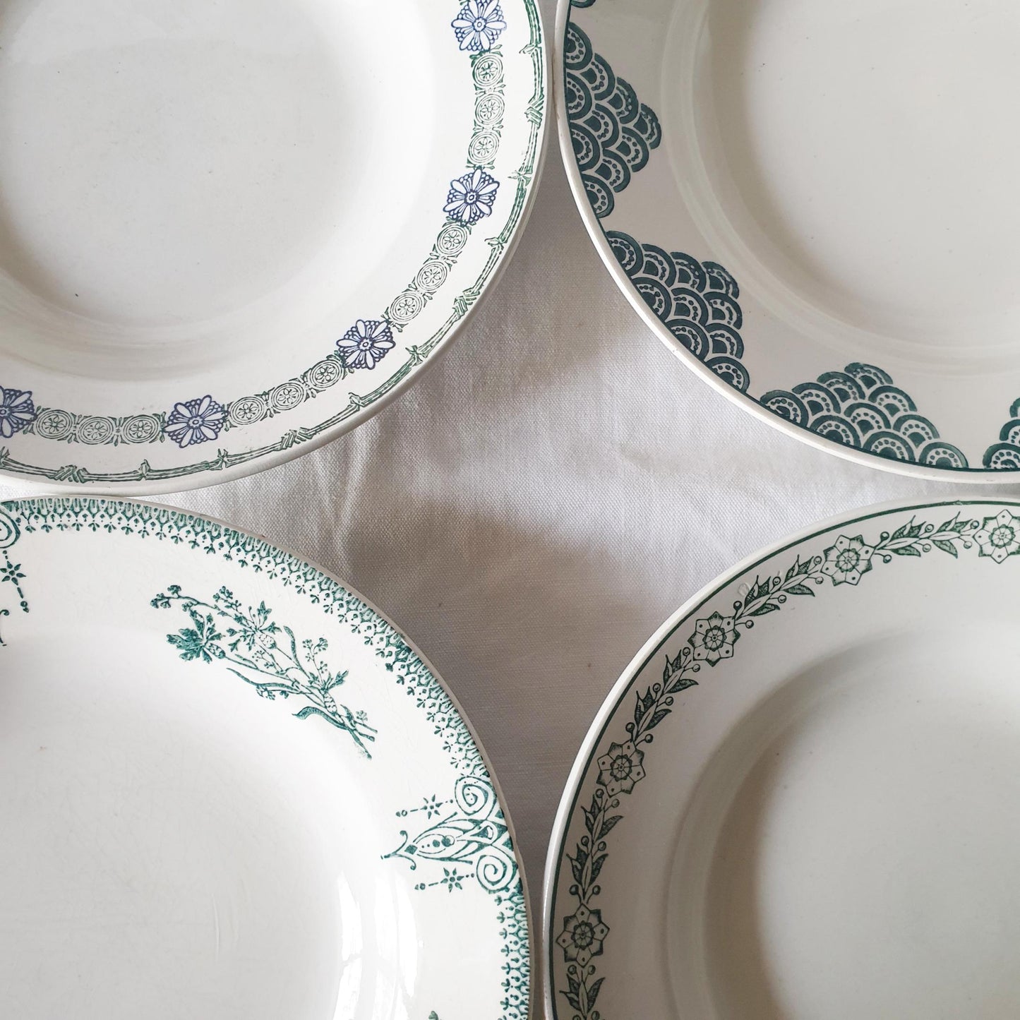 SET of 6 mismatched French antique ironstone soup plates green and white transferware lovely condition cottage style St Amand c1880-1920