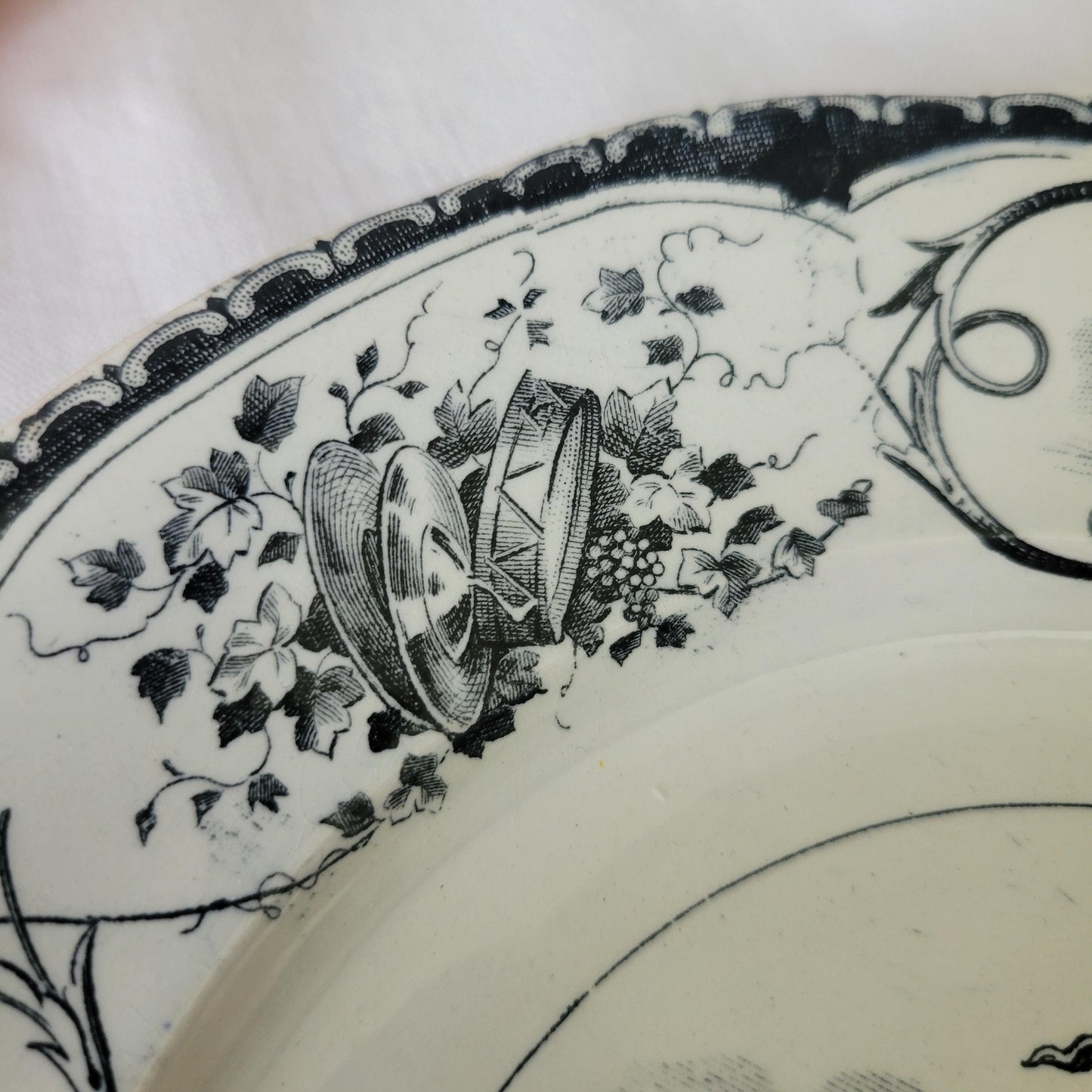 Black & white party theme antique French 'talking plate' c1890, Masked ball 'bal-masque' ironstone transferware, Creil et Montereau, France