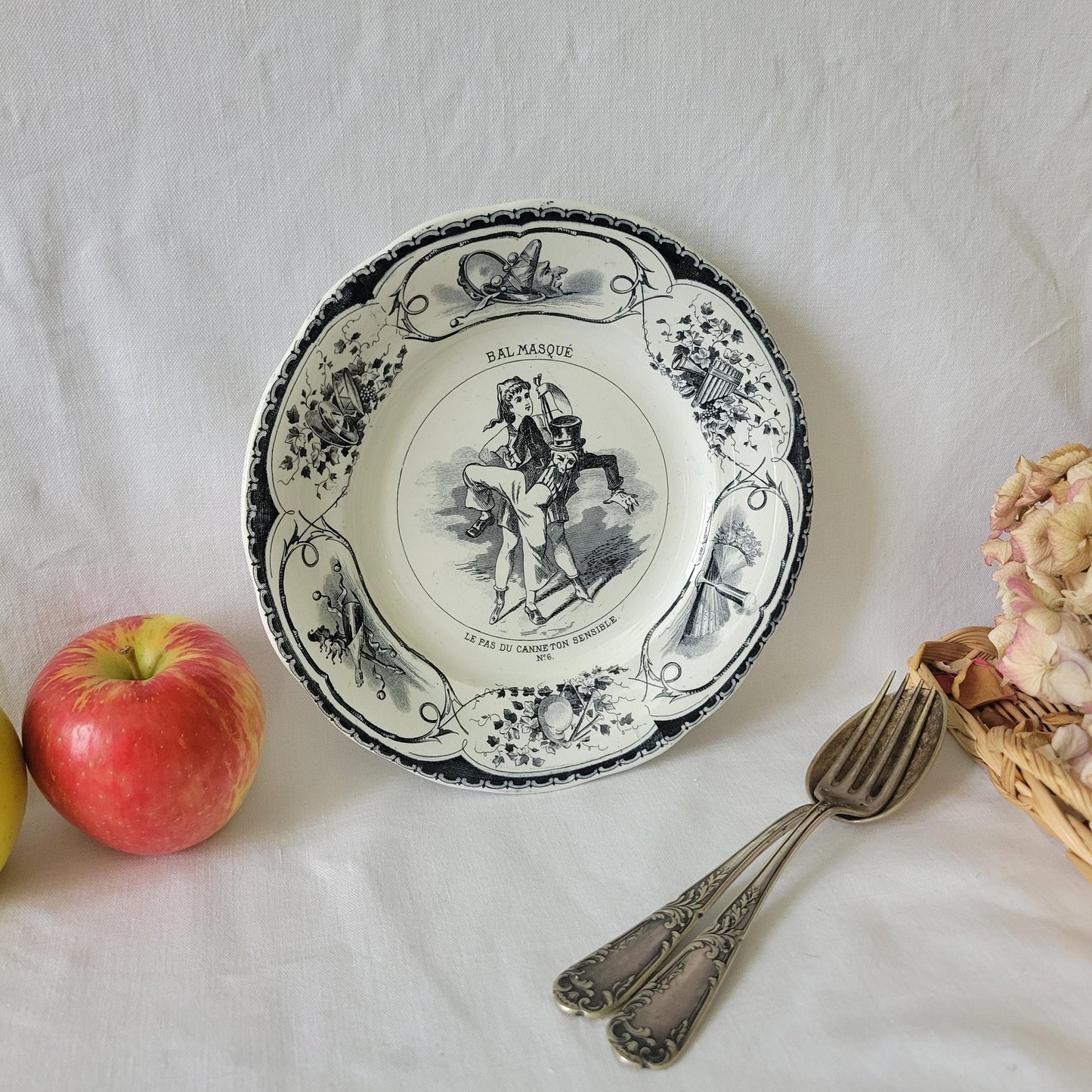 Black & white party theme antique French 'talking plate' c1890, Masked ball 'bal-masque' ironstone transferware, Creil et Montereau, France