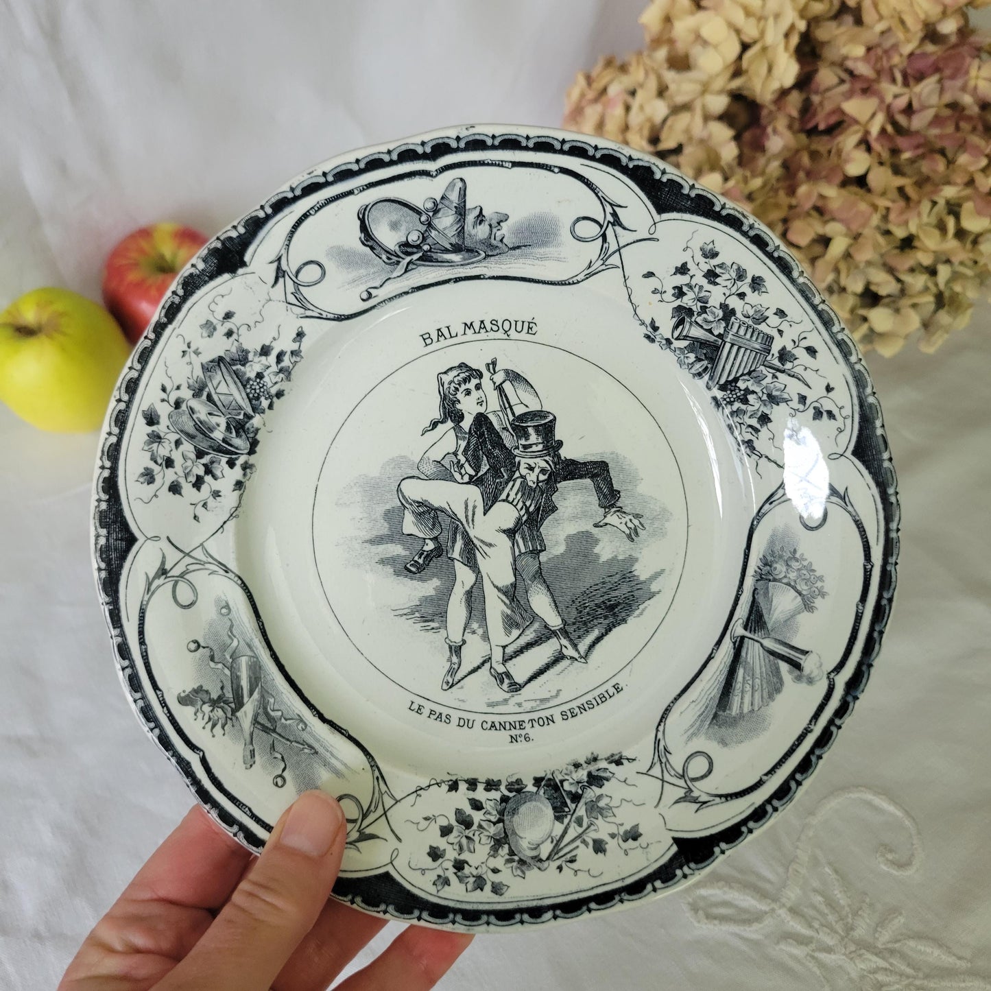 Black & white party theme antique French 'talking plate' c1890, Masked ball 'bal-masque' ironstone transferware, Creil et Montereau, France