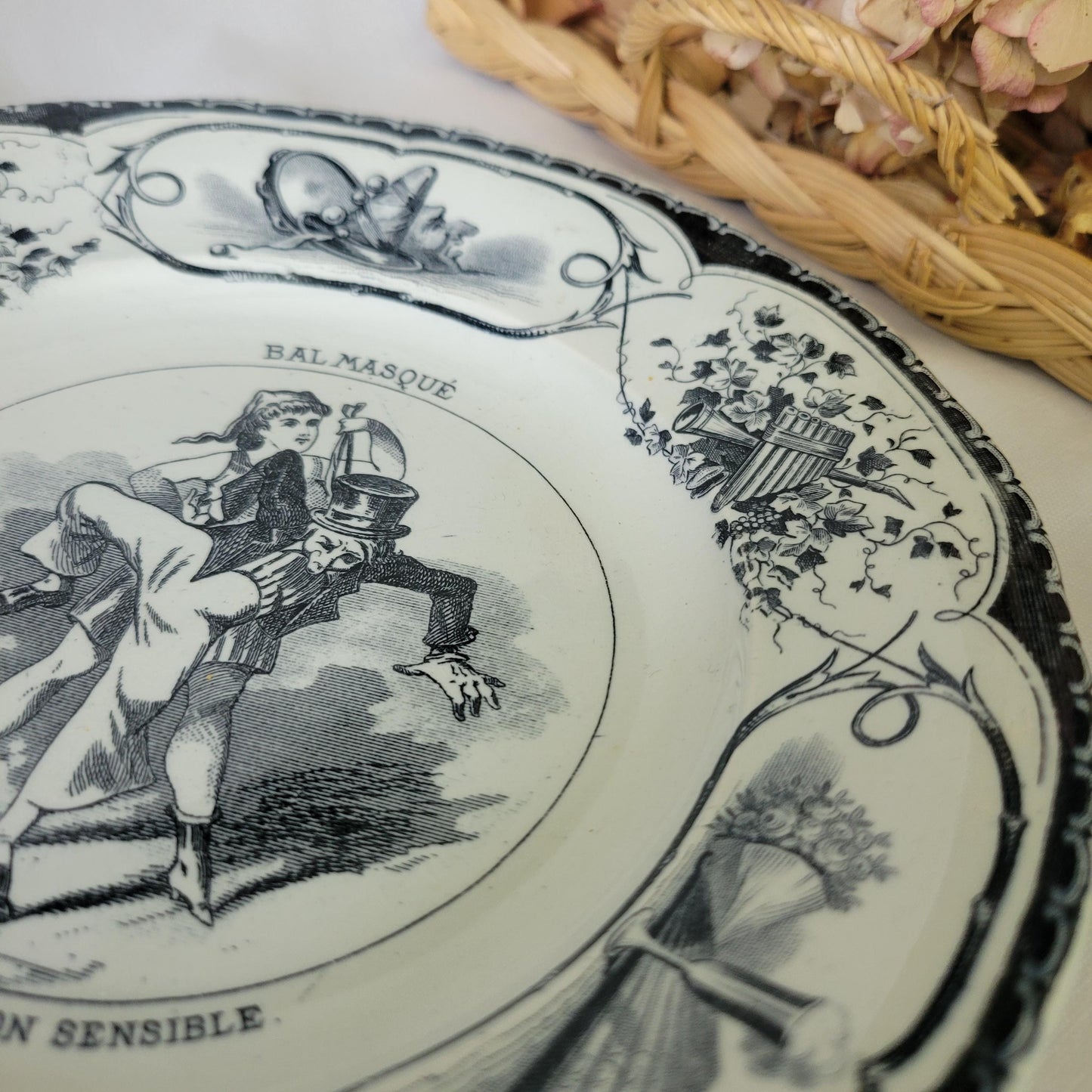 Black & white party theme antique French 'talking plate' c1890, Masked ball 'bal-masque' ironstone transferware, Creil et Montereau, France