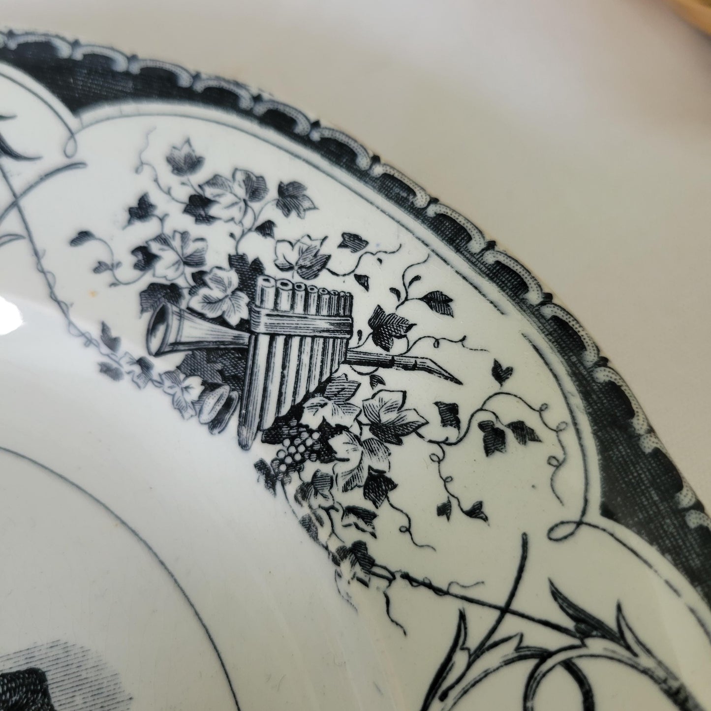 Black & white party theme antique French 'talking plate' c1890, Masked ball 'bal-masque' ironstone transferware, Creil et Montereau, France