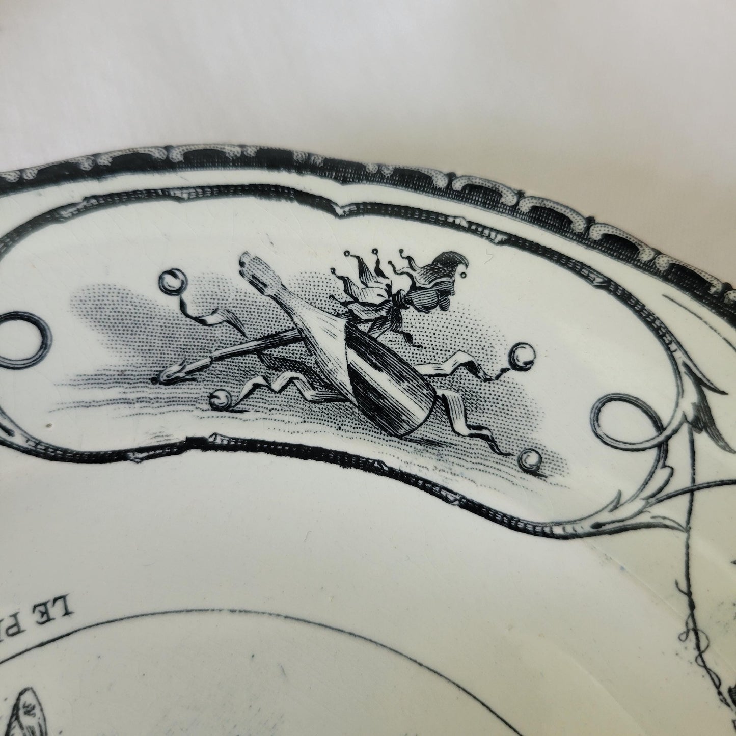Black & white party theme antique French 'talking plate' c1890, Masked ball 'bal-masque' ironstone transferware, Creil et Montereau, France