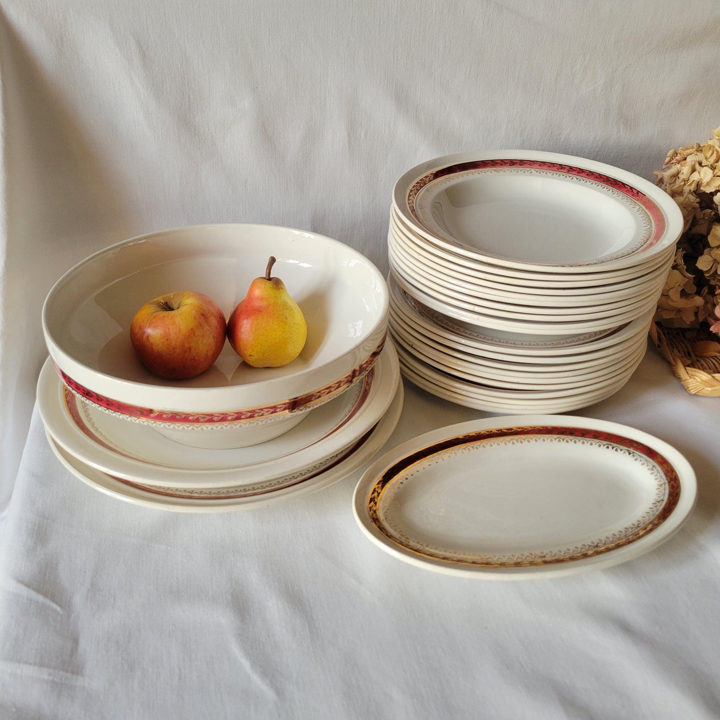 French vintage red & gold dinner service 10 place set, 20 plates + serving dishes (24 pc) festive Christmas table. c1920 Saint Amand, France