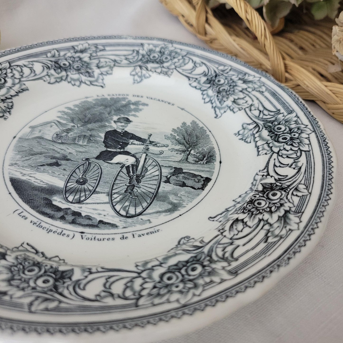 Cycling French antique plate c1880, La Saison Vacances, old time bicycle holiday, humorous cyclist gift, by Jules Vieillard Bordeaux, France