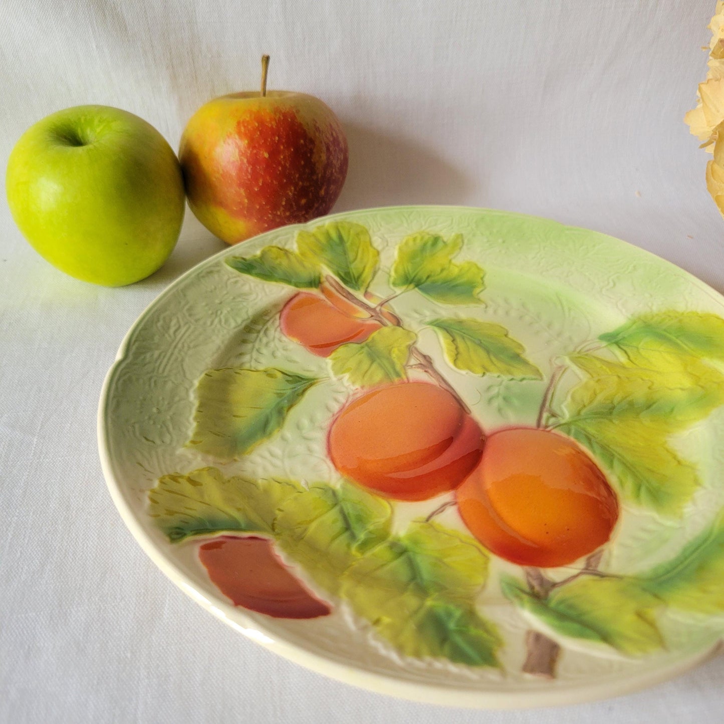 French vintage barbotine majolica plate, Art Nouveau peaches and passion flower mid century design from Saint Clement France