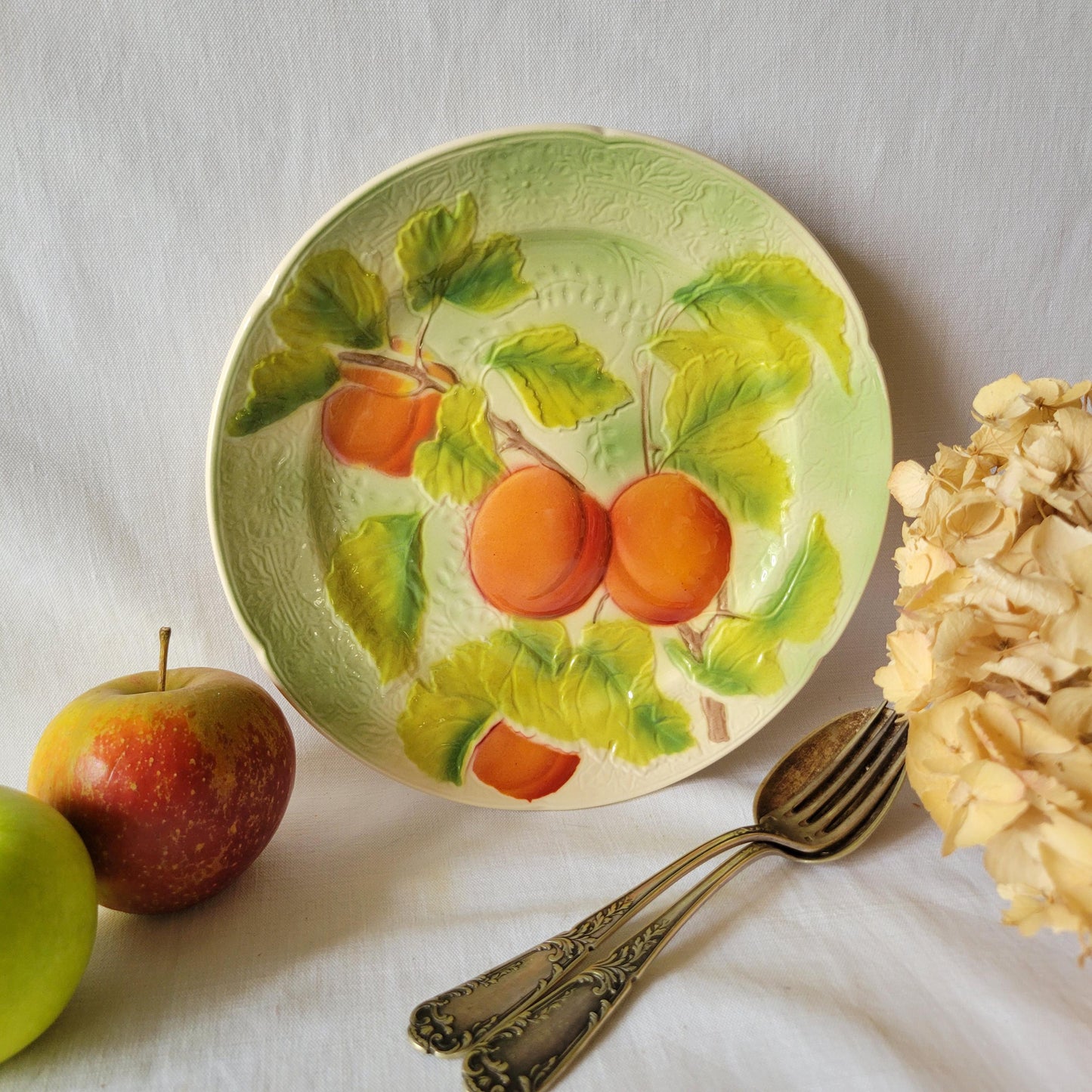 French vintage barbotine majolica plate, Art Nouveau peaches and passion flower mid century design from Saint Clement France