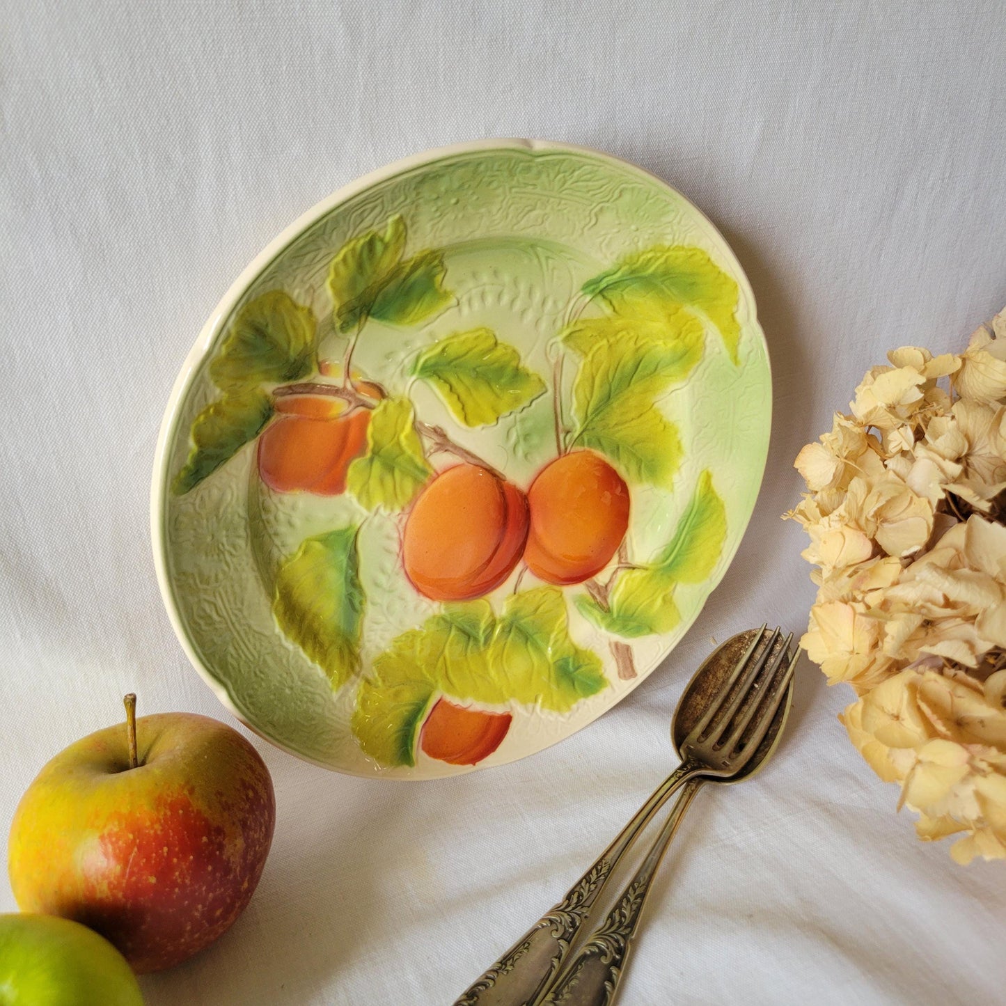 French vintage barbotine majolica plate, Art Nouveau peaches and passion flower mid century design from Saint Clement France