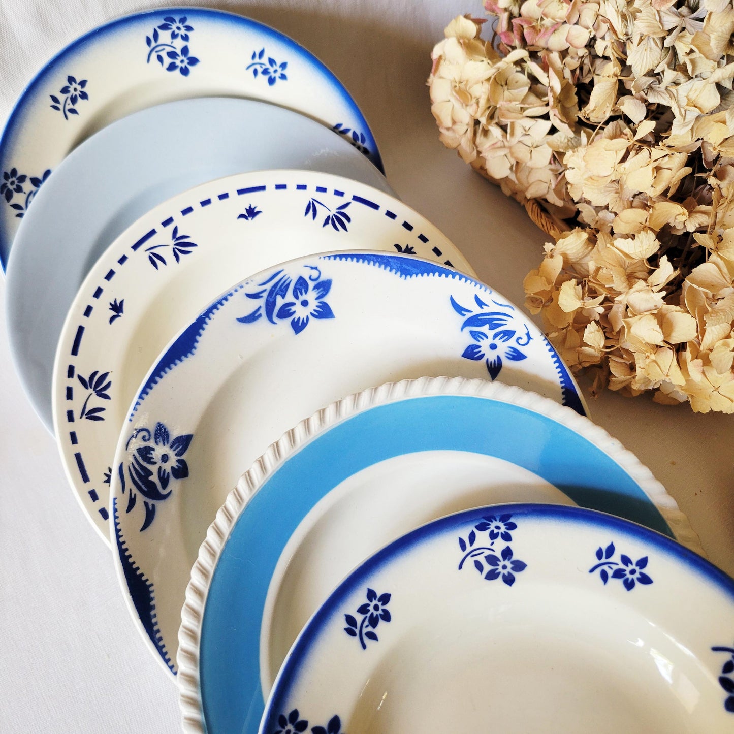 Set 6 French mismatched French faience soup bowls blue on white transferware, stencil painted ensemble France c1900-60