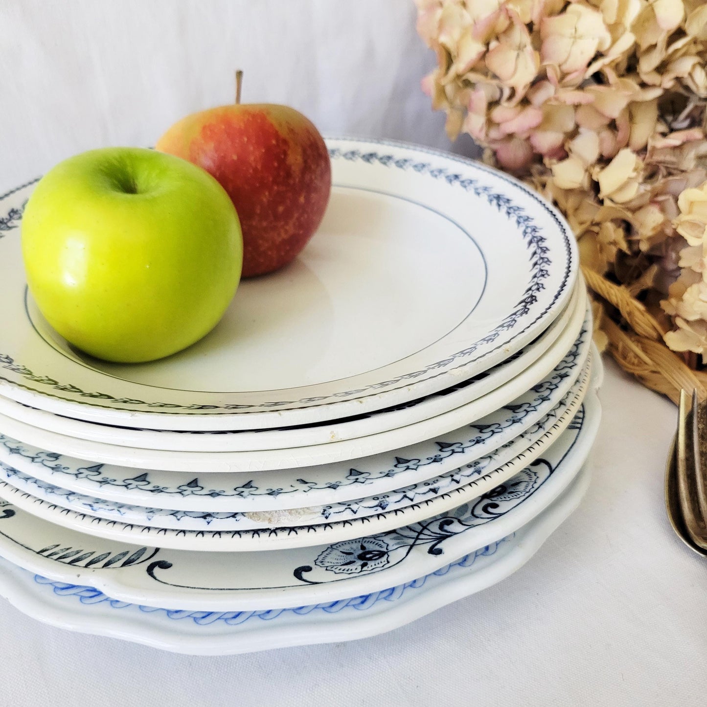 SET of 8 shabby mismatched French antique ironstone wall plates, blue florals transferware cottage style, Gien, Sarreguemines, Onnaing c1900