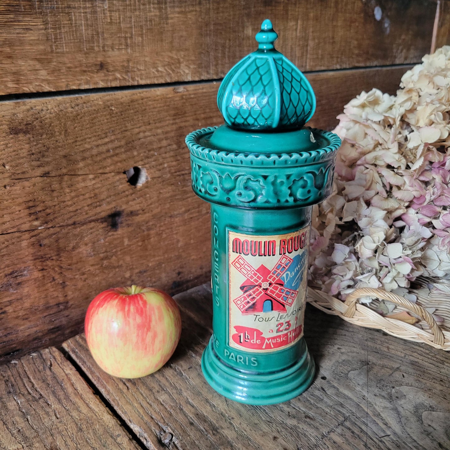 French vintage 'Morris Column' ceramic green bottle, w intact stopper & posters of Moulin Rouge, excellent cond. Franor Royale, France c1950