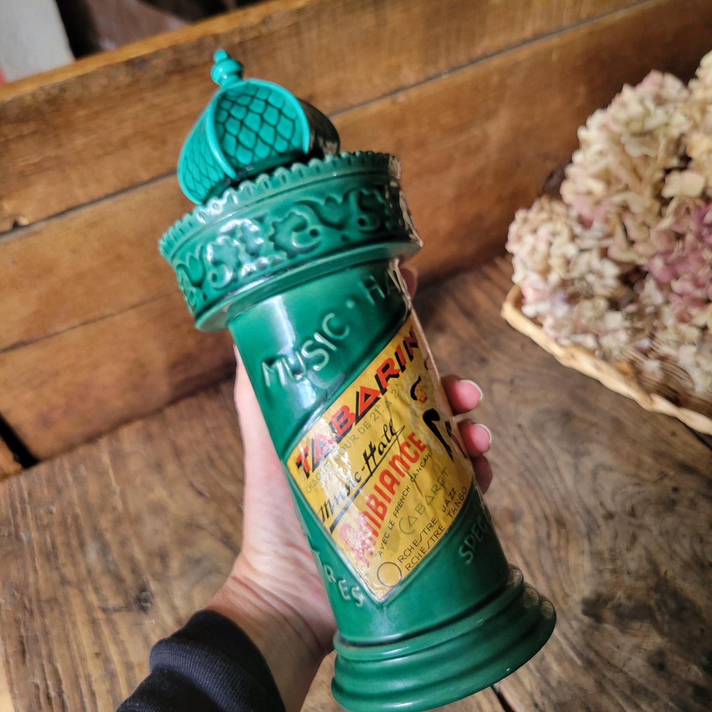 French vintage 'Morris Column' ceramic green bottle, w intact stopper & posters of Moulin Rouge, excellent cond. Franor Royale, France c1950
